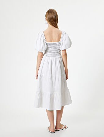 Balon Kol Poplin Elbise Midi Nakışlı Kare Yaka