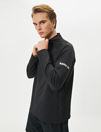 Spor Sweatshirt Yarım Fermuarlı Dik Yaka Slogan Baskılı