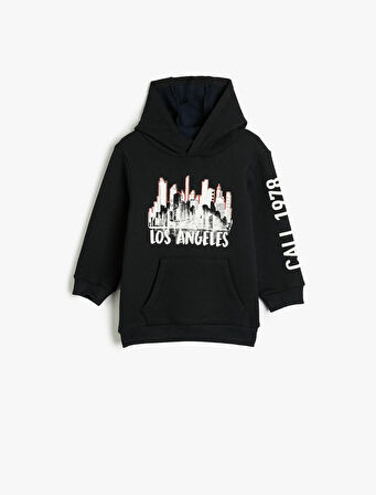 Kapşonlu Sweatshirt Şehir Temalı Baskı Detaylı Uzun Kollu 