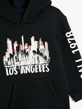 Kapşonlu Sweatshirt Şehir Temalı Baskı Detaylı Uzun Kollu 