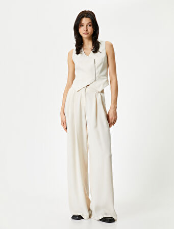 Blazer Yelek Anvelop Fermuar Detaylı V Yaka Fleto Cepli