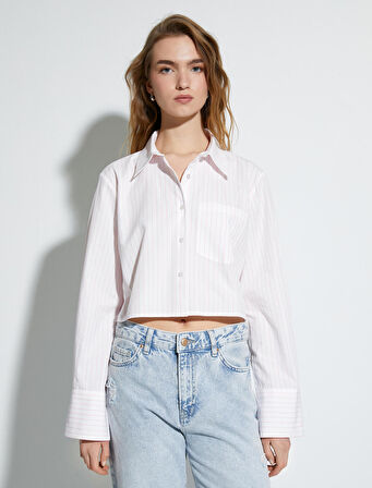 Crop Gömlek Uzun Kollu Cep Detaylı Düğmeli Klasik Yaka