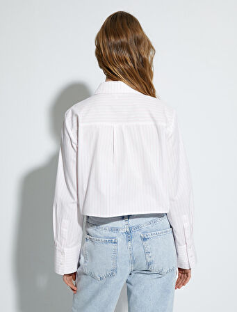 Crop Gömlek Uzun Kollu Cep Detaylı Düğmeli Klasik Yaka