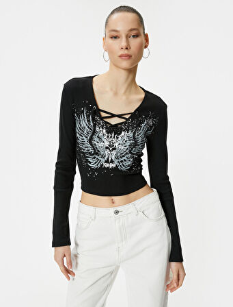 Bağlamalı Yaka Tişört Crop Baskılı Uzun Kollu Pamuklu