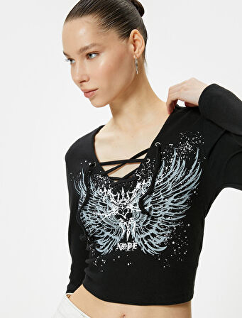 Bağlamalı Yaka Tişört Crop Baskılı Uzun Kollu Pamuklu