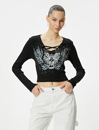 Bağlamalı Yaka Tişört Crop Baskılı Uzun Kollu Pamuklu