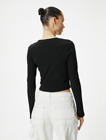 Bağlamalı Yaka Tişört Crop Baskılı Uzun Kollu Pamuklu