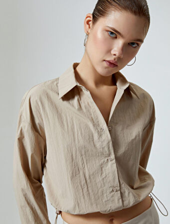 Paraşüt Kumaş Crop Gömlek Oversize Beli Lastikli