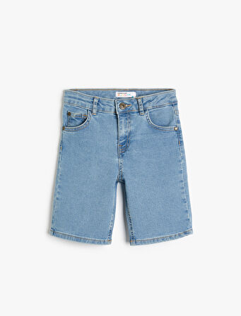 Kot Şort Pamuklu Cep ve Düğme Detaylı