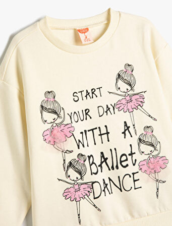 Balerinli Sweatshirt Uzun Kollu Bisiklet Yaka Pamuklu Şardonlu