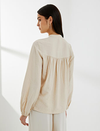 Balon Kol Bluz Bağcıklı Hakim Yaka Boncuk İşlemeli Viskon