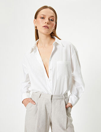 Oversize Keten Gömlek Uzun Kollu Cepli