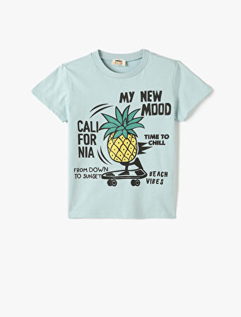 Ananas Baskılı Tişört Kısa Kollu Bisiklet Yaka Pamuklu