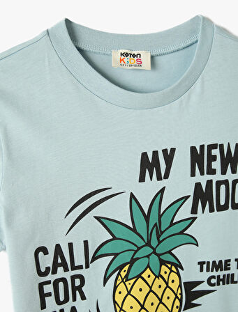 Ananas Baskılı Tişört Kısa Kollu Bisiklet Yaka Pamuklu