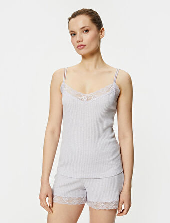 Pijama Üstü İnce Askılı Dantel Detaylı Fitilli