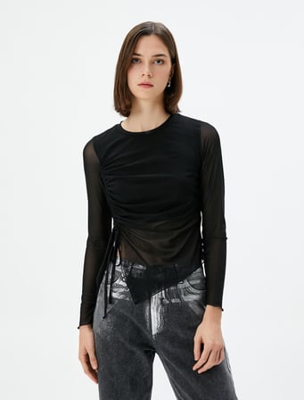 Tül Tişört Asimetrik Kesim Drape Detaylı Uzun Kollu Bisiklet Yaka