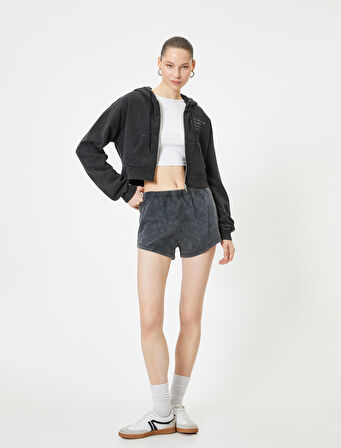 Fermuarlı Kapüşonlu Sweatshirt Crop Cepli Baskı Detaylı Uzun Kollu