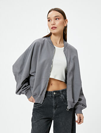 Fermuarlı Sweatshirt Rahat Kalıp Yuvarlak Yaka Uzun Balon Kollu Pamuklu