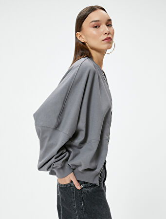 Fermuarlı Sweatshirt Rahat Kalıp Yuvarlak Yaka Uzun Balon Kollu Pamuklu