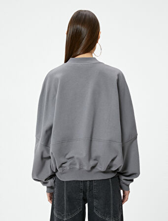 Fermuarlı Sweatshirt Rahat Kalıp Yuvarlak Yaka Uzun Balon Kollu Pamuklu