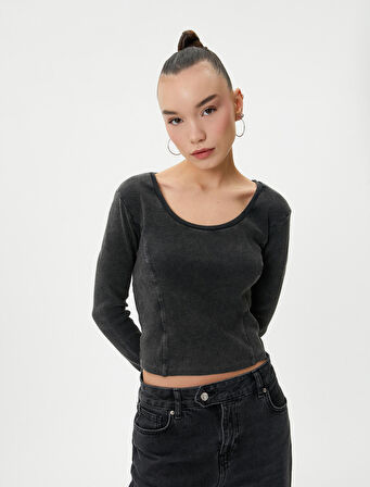 Uzun Kollu Tişört U Yaka Ribanalı Soluk Efektli Pamuklu 