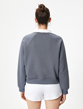 Polo Yaka Sweatshirt Yarım Fermuarlı Renk Bloklu Aplike ve İşleme Detaylı