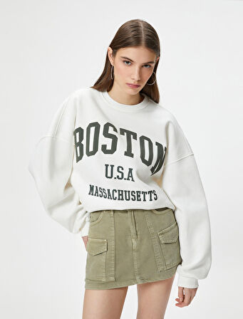 Kolej Sweatshirt Baskılı Uzun Kollu Bisiklet Yaka Rahat Kalıp Pamuklu