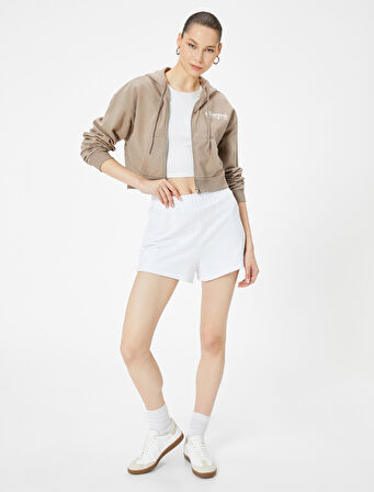 Kapüşonlu Fermuarlı Crop Sweatshirt Baskılı Pamuklu
