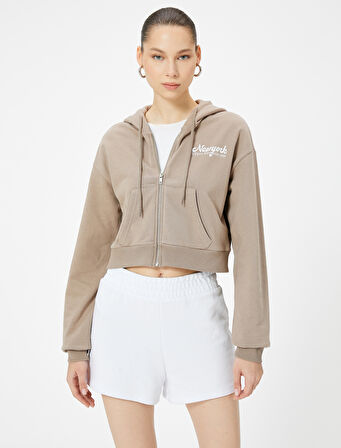 Kapüşonlu Fermuarlı Crop Sweatshirt Baskılı Pamuklu