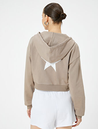 Kapüşonlu Fermuarlı Crop Sweatshirt Baskılı Pamuklu