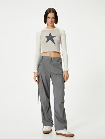 Uzun Kollu Tişört Yıldız Baskılı Bisiklet Yaka Pamuklu