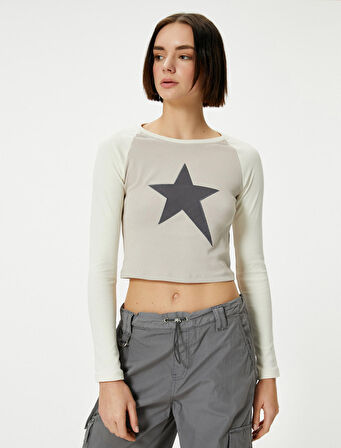 Uzun Kollu Tişört Yıldız Baskılı Bisiklet Yaka Pamuklu