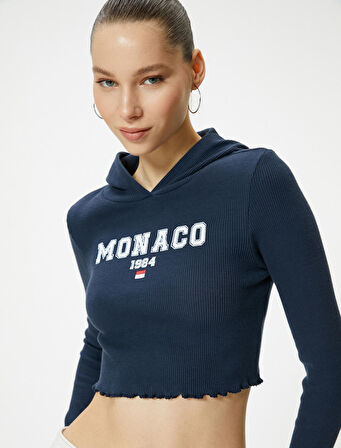 Crop Kapüşonlu Tişört Uzun Kollu Baskılı Ribanalı Pamuklu