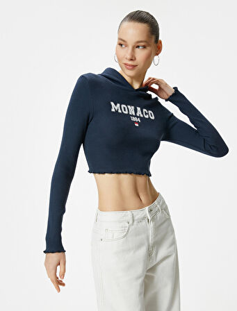 Crop Kapüşonlu Tişört Uzun Kollu Baskılı Ribanalı Pamuklu