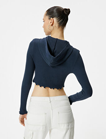 Crop Kapüşonlu Tişört Uzun Kollu Baskılı Ribanalı Pamuklu