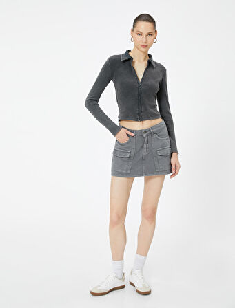 Fermuarlı Polo Yaka Tişört Uzun Kollu Ribanalı Slim Fit Pamuklu