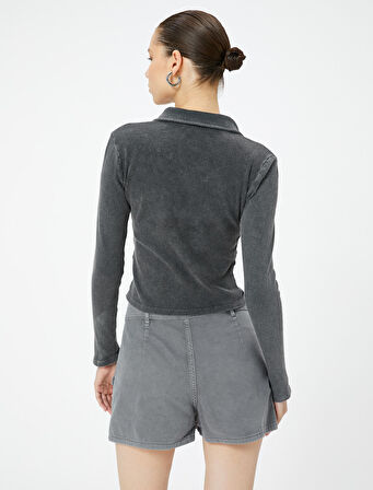 Fermuarlı Polo Yaka Tişört Uzun Kollu Ribanalı Slim Fit Pamuklu