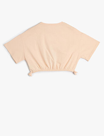 Crop Tişört Tropik Baskılı Beli Lastikli Kısa Kollu Pamuklu