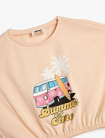 Crop Tişört Tropik Baskılı Beli Lastikli Kısa Kollu Pamuklu