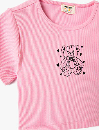 Crop Tişört Ayıcık Baskılı Ribanalı Kısa Kollu Bisiklet Yaka