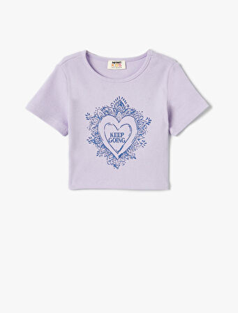 Slogan İşlemeli Crop Tişört Dar Kalıp Bisiklet Yaka Kısa Kollu 