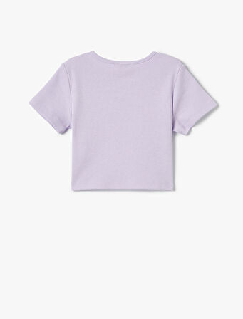 Slogan İşlemeli Crop Tişört Dar Kalıp Bisiklet Yaka Kısa Kollu 