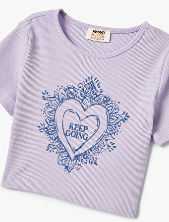 Slogan İşlemeli Crop Tişört Dar Kalıp Bisiklet Yaka Kısa Kollu 