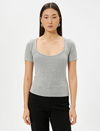 Basic Tişört U Yaka Kısa Kollu Viskon Karışımlı