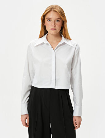 Crop Gömlek Uzun Kollu Manşet Yaka Pamuklu