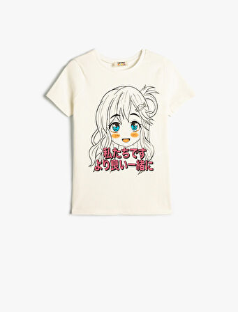 Crop Tişört Anime Baskılı Kısa Kollu Pamuklu