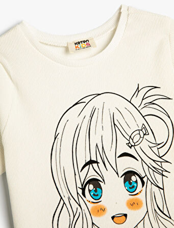 Crop Tişört Anime Baskılı Kısa Kollu Pamuklu