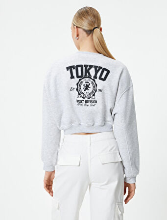 Crop Sweatshirt Bisiklet Yaka Baskılı
