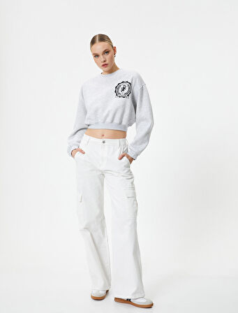 Crop Sweatshirt Bisiklet Yaka Baskılı