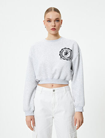 Crop Sweatshirt Bisiklet Yaka Baskılı